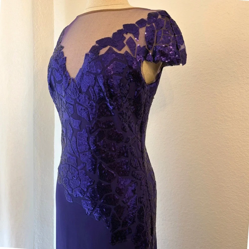 Tadashi Shoji Gown 6 Purple Sequin Illusion Mesh Formal Dress Event Gala Wedding